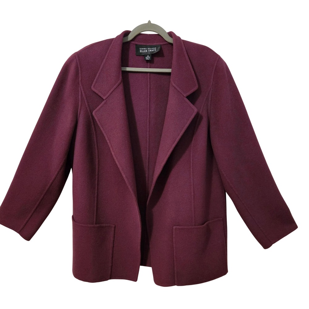 Linda‎ Allard Ellen Tracy Wool Blazer Jacket Berry Purple Open Front Pockets 14